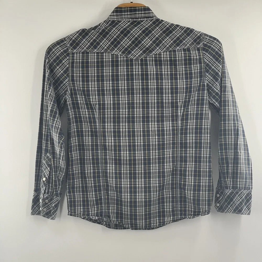 True Religion Pearl Snap Shirt Mens XLarge Blue Plaid Cotton Long Sleeve Western